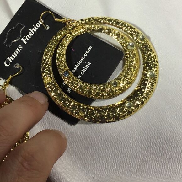 Gold Tone Embellished Double Hoop Earrings (UC3) - Picture 3 of 4